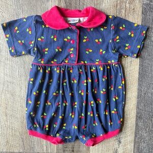 Vintage Okie Dokie Bubble Romper 12M Baby Girl Navy Heart Print Pink Collar